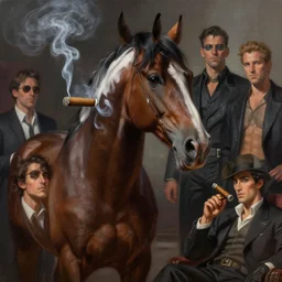 A beautiful digital painting of a horse in the mafia smoking a cigarre , by Stanley Artgerm Lau, frank frazetta, Rossdraws, James Jean, gerald brom, Andrei Riabovitchev, Marc Simonetti, and Sakimichan, trending on artstation, SFW version