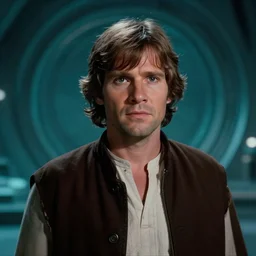 screenshot portrait of Luke Skywalker, played by mark Hammill, in a teal, round Temple scene from 1980s film by Stanley Kubrick, 4k serene, iconic shot, surreal sci fi set design, photoreal detailed face, moody lighting stunning cinematography, hyper detailed, sharp, anamorphic lenses, kodak color film