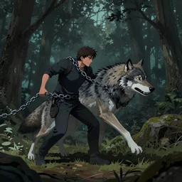 a chained man slowly turning into a werewolf at a dusky forest, digital art, trending on artstation, behance, octane, 8 k