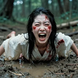 1 9 7 0 s movie still close - up of a bloody white japanese female ghost yelling screaming going out of mud puddle, big teeth, swamp backround, cinestill 8 0 0 t 3 5 mm eastmancolor, heavy grain, high quality, noir, natural textures, photorealistic, ambient occlusion, hd, ultra wide lens, anamorphic, fade color