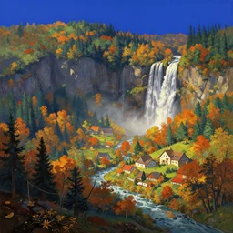 idyllic fantasy autumn landscape, indigo sky, lush forests close up vista waterfalls villages, buildings artstation illustration sharp focus sunlit vista painted ruan jia raymond swanland lawrence alma tadema zdzislaw beksinski norman rockwell tom lovell alex malveda greg staples