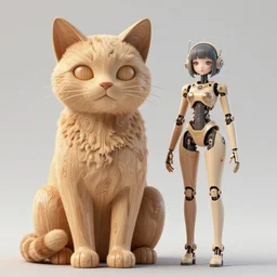 a giant cat and a beautiful jointed art doll, super dollfie, biopunk, solarpunk, mecha, feminine curves, wood and fur, surreal, dan mumford, beeple, fashion magazine, vogue, harper's bazaar art, id magazine, intricate, 8 k render in octane, sharp focus, ektachrome