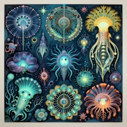 hyper - detailed matte illustration of bioluminescent ocean creatures by iris van herpen, zaha hadid based on plate 6 1 of art forms in nature by ernst haeckel and aphonse mucha