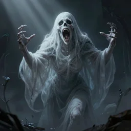 a roaring ghost, scary, pale - skinned, illustration, cinematic lighting, 8 k, d & d, frostbite 3 engine, artstation, intricate, digital art, crepuscular ray, art by anne stokes, alexandros pyromallis, wes benscoter