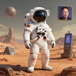Trending NFT digital artwork by Beeple with astronaut in weird dystopian Martian landscape full of pop culture references about Elon Musk