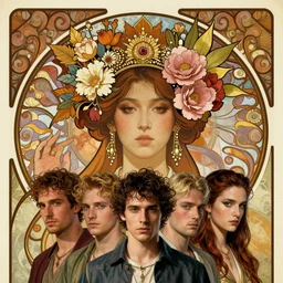 face portrait of a beautiful mysterious thai with flowery headgear, by eve ventrue, michael carson, andreas rochas, john watkiss, casey weldon, artgerm. art nouveau. tarot card by mucha. gloomhaven. swirly intricate linework background. gaudy colors, sharp edges. octane render