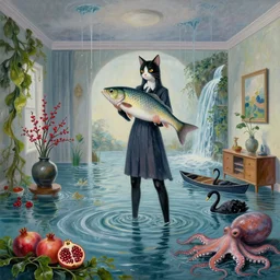 tall catgirl artist holding a large fish in her flooded apartment, seaweed, pomegranates, octopus, water gushing from ceiling, painting of flood inside an artist's apartment, a river flooding indoors, ikebana, zen, rapids, waterfall, black swans, canoe, berries, acrylic on canvas, surrealist, by magritte and monet