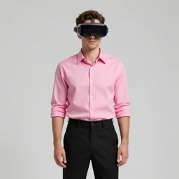 metaverse's jim pops in pink shirt and black trousers