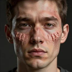 a man who's face is growing painful ridges made of repeating, tiny human hands, octane render, subsurface scattering