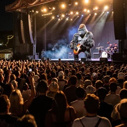 huge crowd watching a gorilla that plays guitar on stage