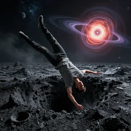 Human falling into event horizon of a black hole. Time stops and human is being spaghettified. Singularity is visible with alternative universe visible at it. Photorealistic, unreal engine, hyper detailed