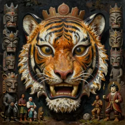 hyper realistic painting of tiger mask tiki totem tribal by wayne barlowe, beksinski, hr giger, austin osman spare, bussiere, roberto ferri, rembrandt, luis ricardo falero, intrincate ornaments
