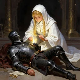 picture of cute priestess healing a wounded dark knight on the floor, digital painting, highly detailed, smooth, sharp contrast, digital painting, by artgerm and greg rutkowski and alphonse mucha, comic book cover art