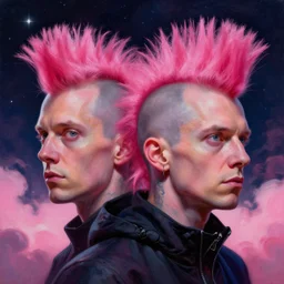 beautiful clear faces by tom bagshaw, portrait big punk, pink, mohawk, arcteryx, space, hyperdetailed illustration, stars, neon, oil painting, rich deep colors masterpiece, ultra detailed, contrast, heaven pink, clouds, volumetric light, atmospheric lighting, dramatic, cinematic, moody, octane render 4 k, 8 k