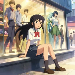 magical girl sitting outside a mall, dynamic art by ilya kuvshinov, murata, makoto shinkai, wlop, craig mullins, kawaci paneling art expert, best selling pixiv, volumetric lighting, realistic shaded lighting, 8 k, highly detailed render, foreshortening proportions