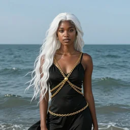 portrait of an african girl with long white hair in a black dress, standing in the ocean, very beautiful style, girl wrapped in a gold chain, photorealism edgard maxence, john singer sargent