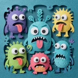 intricate colourful murky with strange cute friendly angry crazy creatures with huge beauty eyes long tongue triangle teeth and scary face appearing from the water, papercut