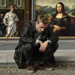 Caricature. thomas muller is a bum in the streets of berlin, looking at the ground, sad. extremely detailed painting. by Botticelli, Michelangelo and Leonardo da Vinci.