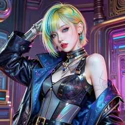 the portrait of an absurdly beautiful, graceful, elegant, sophisticated, fashionable cyberpunk gravure idol, an ultrafine hyperdetailed illustration by kim jung gi, irakli nadar, intricate linework, bright colors, porcelain skin, mixed metals, unreal engine 5 highly rendered, fashion photography, global illumination, radiant light, detailed and intricate environment