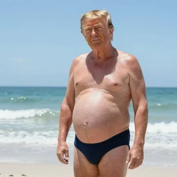 Donald trump showing off his pregnant belly at the beach, he is wearing a Speedo and does not have a shirt on