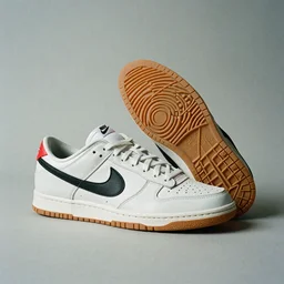 a studio photoshoot of Nike sneakers designed by Tom Sachs, leather with mesh material, gum rubber outsole, realistic, color film photography by Tlyer Mitchell, 35 mm, graflex