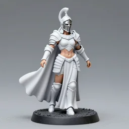 80mm resin detailed miniature of a Queen of war, white armor, iron helmet,  Very long white cloak, Very muscular, abdomen, olive skin, on textured base; Miniature product Introduction Photos, 4K, Full body; Front view