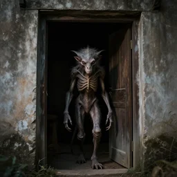 uncanny creature lurking in dark doorway