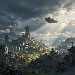 landscape an fantasy town in the sky and an sky - ship flying towards it andreas rocha