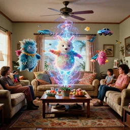 movie still by alejandro jodorowsky of a beautiful day in a family living room in suburban florida usa, visible magic energy, dream creature costumes, floating cars, tropical fish, happy parade floats, cinestill 8 0 0 t eastmancolor technicolor, high quality, very detailed, heavy grain, fine facial features, 8 k, octane render