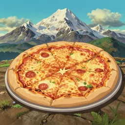 a wholesome animation key shot of a mountains made of pizza!!! pizza pizza, studio ghibli, pixar and disney animation, sharp, rendered in gouache painting, anime gouache key art by greg rutkowski, bloom, dramatic, dynamic lighting