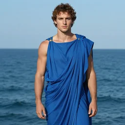 full body portrait of aaron taylor johnson as a greek god. blue toga. dressed!!! ocean background. detailed face, concept art, intricate, highly detailed 8 k, smooth, sharp focus, handsome and aesthetic shape of face and body, artgerm, artstation, art by zexi guo and nira and junpei suzuki and gharliera and rinotuna