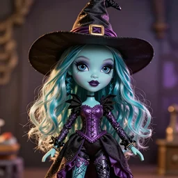 monster high witch doll, product photo, intricate detail