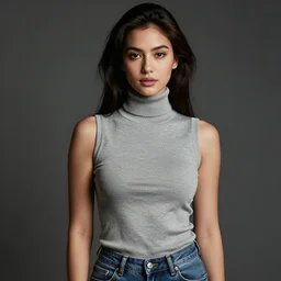 Woman in Sleeveless turtleneck t-shirt and jeans