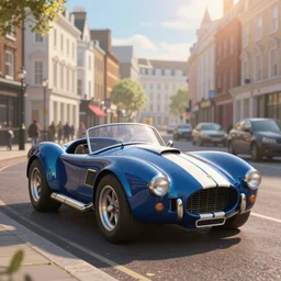 a wholesome animation key shot of!! one!! focused!! ac cobra!!, shiny deep blue with white stripe, in a london street, at sunrise, medium wide shot, studio ghibli, pixar and disney animation, sharp, very detailed, high resolution, rendered in unreal engine 5, anime key art by greg rutkowski, bloom, atmospheric lighting