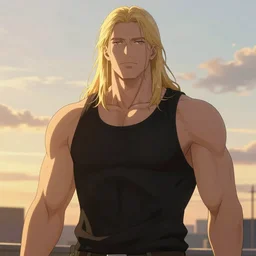 portrait of the immensely towering male model Lucius Bjornsson with beautiful long pale blond hair, albino white pale skin, posing for a photoshoot in the golden hour, black tank top, broad shoulders and huge thick arms, ambient lighting, 4k, anime key visual, lois van baarle, ilya kuvshinov, rossdraws, artstation