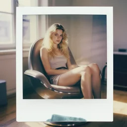 portrait of an blonde girl sitting on a retro futuristic chair, there is a few sun rays glowing in the room, there is a window in the background, hd, 8 k, deep focus, old polaroid