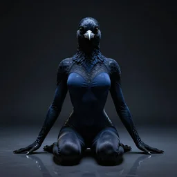 striking character concept portrait, symmetrical, black canary, sitting down with knees together, dark blue leotard costume, bust, curvaceous. detailed, high quality, dark lighting, very high contrast with dark background, fantasy, reflective, spotlight. digital artwork by artgerm and wlop and alex ross and greg rutkowski and alphonse mucha, trending on artstation