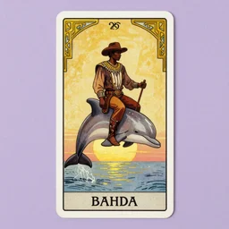 a beautiful tarot! painting of a african cowboy, riding a dolphin!, in front of a pale lavender sunrise, regal, dawn, predawn, golden light, art deco!, art nouveau, silhouette, no crop, trending on artstation