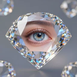 close-up floating diamond with a beautiful human eye in every reflection, blurry background, ethereal, octane render, trending on artstation, sci-fi, award-winning cinematography, chromatic aberation, caustics, very crisp, beautiful, contrast, 8K, 4K, HDR
