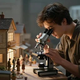 Photo microscope, diorama of people in the town.