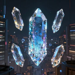dream of different glowing objects made of crystal flying in the dark cyberpunk city, octane render,  artstation, digital painting, highly detailed