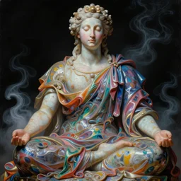 a baroque neoclassicist sci - fi close - up portrait of a colorful chrome marble being meditating and weaving fabrics of reality. iridescent textures. glowing fog, black background. highly detailed fantasy science fiction painting by moebius, norman rockwell, frank frazetta, and syd mead. rich colors, high contrast, artstation