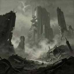 dystopian cyberpunk ruins, gustave dore greg rutkowski, detailed, mist