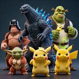 cyberpunk godzilla yoda donkey kong pikachu yeti shrek super robot homer groot waluigi darth vader mike wazowski, highly detailed, extremely high quality, hd, 4 k, 8 k, professional photographer, 4 0 mp, lifelike, top - rated, award winning, cinematic, realistic, detailed lighting, detailed shadows, sharp, no blur, edited, corrected, trending