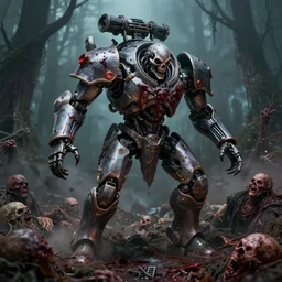 cybernetic warrior mechanical death machine of nightmares in the bog murdering it's foes, bloodlust, slaughter dead bodies piling up hyperrealism hyperdetailed hyperviolent warhammer 4 0 k 8 k