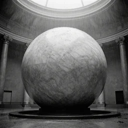 movie still of a big marble sphere hall with high ceiling, cinestill 8 0 0 t black and white, by andrei tarkovsky, heavy grain, high quality, high detail, ultra wide lens, sharpness, flares, anamorphic, foggy, mud, rain