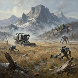 landscape painting of destroyed meadows with destroyed mountainrange in background, cyber world war 3, cyber battlefield, robot harvester machine from hell, ai enemy, cyber war, dystopian wasteland, destroyed nature, apocalyps, winter, fine details, magali villeneuve, artgerm, rutkowski