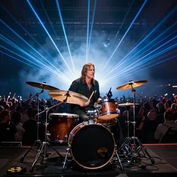 neil peart drum set in heaven concert, crowd, lights, lasers, smoke