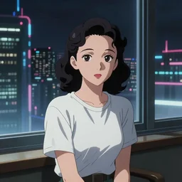 portrait of a beautiful girl with dark hair that's styled in a 1940's fashion, dressed in a white t-shirt, sitting in an apartment alone by a window that overlooks a futuristic city, nighttime, low-key neon lighting, 4k, HQ, official media, anime key visual, makoto shinkai, ilya kuvshinov, lois van baarle, rossdraws, detailed, trending on artstation