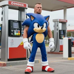 breathtaking photo realistic photo of professional wrestler cm punk dressed up as sonic the hedgehog outside a gas station, depressing, saturated colors, digital art, autodesk maya, cinema 4 d, hyperrealism, ultra detailed, hyper luxurious, by jarid mayo